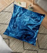 - yerminderi-YER-3141 - Realhomes  Mavi Ebru Motifleri Dijital Baskılı Yer Minderi - 70 x 70 cm Realhomes