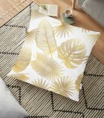 - yerminderi-YER-3159 - Realhomes  Beyaz Zeminde Vizon Yapraklar Dijital Baskılı Yer Minderi - 70 x 70 cm Realhomes