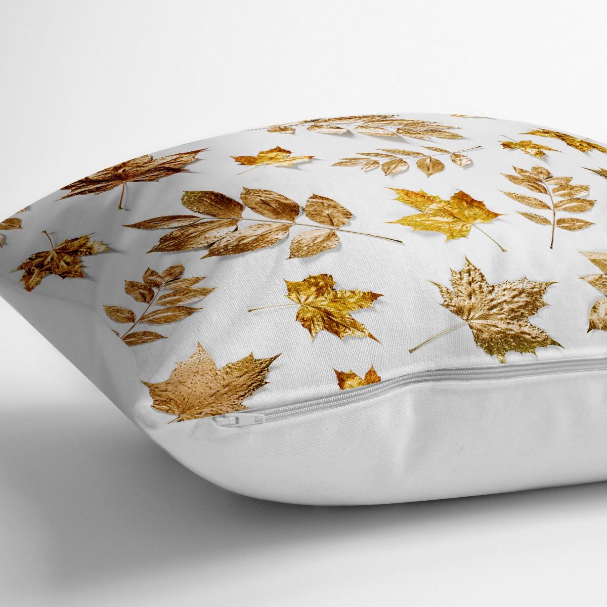 Beyaz Zeminde Altın Yapraklar Desenli Dijital Baskılı Yer Minderi - 70 x 70 cm Realhomes