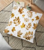 - yerminderi-YER-3163 - Realhomes  Beyaz Zeminde Altın Yapraklar Desenli Dijital Baskılı Yer Minderi - 70 x 70 cm Realhomes