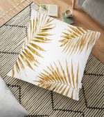 - yerminderi-YER-3166 - Realhomes Altın Renkli Palmiye Yaprakları Dijital Baskılı Yer Minderi - 70 x 70 cm Realhomes
