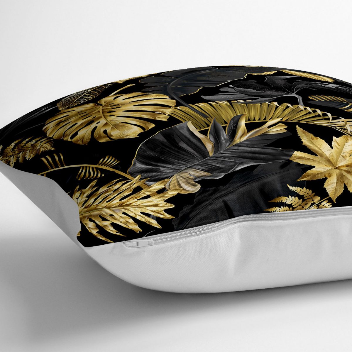 Siyah Zeminde Altın Yapraklar Desenli Dekoratif Yer Minderi - 70 x 70 cm Realhomes