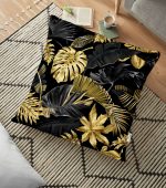 - yerminderi-YER-3169 - Realhomes  Siyah Zeminde Altın Yapraklar Desenli Dekoratif Yer Minderi - 70 x 70 cm Realhomes