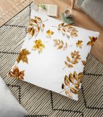 - yerminderi-YER-3180 - Realhomes  3D Altın Renkli Yapraklar Desenli Dekoratif Yer Minderi - 70 x 70 cm Realhomes