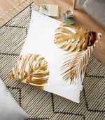 - yerminderi-YER-3181 - Realhomes  3D Altın Renkli Palmiye Yaprakları Desenli Dekoratif Yer Minderi - 70 x 70 cm Realhomes