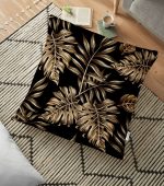 - yerminderi-YER-3189 - Realhomes Siyah Zeminde Altın Renkli Yapraklar Desenli Yer Minderi - 70 x 70 cm Realhomes