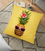 - yerminderi-YER-3191 - Realhomes  Sarı Zeminli 3D Ananas Modern Tasarımlı Yer Minderi - 70 x 70 cm Realhomes
