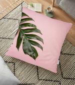 - yerminderi-YER-3194 - Realhomes Pembe Zeminde Yaprak Modern Tasarımlı Dekoratif Yer Minderi - 70 x 70 cm Realhomes