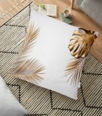 - yerminderi-YER-3201 - Realhomes  Altın Renkli 3D Palmiye Yaprakları Modern Yer Minderi - 70 x 70 cm Realhomes