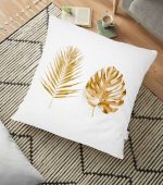 - yerminderi-YER-3204 - Realhomes  3D Altın Görünümlü Palmiye Yaprakları Modern Yer Minderi - 70 x 70 cm Realhomes