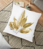 - yerminderi-YER-3211 - Realhomes  3D Altın Görünümlü Yapraklar Desenli Modern Yer Minderi - 70 x 70 cm Realhomes