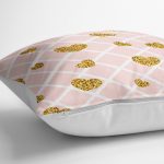 - yerminderi-YER-3213-1 - Realhomes  Damalı Pudra Renkli Altın Kalpler Özel Tasarım Yer Minderi - 70 x 70 cm Realhomes