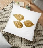 - yerminderi-YER-3216 - Realhomes 3D Altın Yapraklar Özel Tasarımlı Modern Yer Minderi - 70 x 70 cm Realhomes