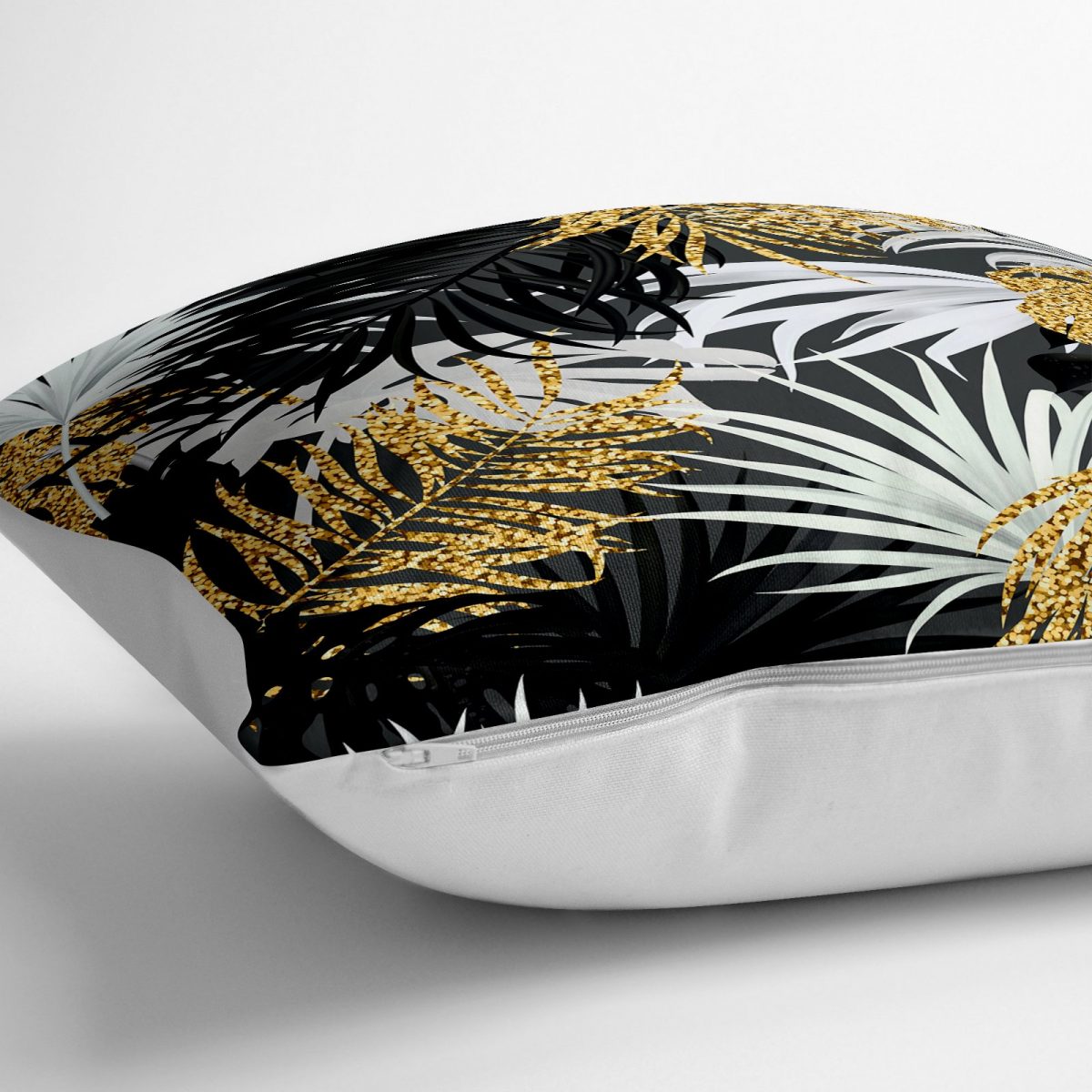 Siyah Zeminde Palmiye Yaprakları Özel Tasarım Yer Minderi - 70 x 70 cm Realhomes