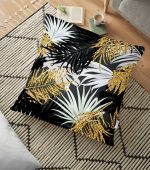 - yerminderi-YER-3233 - Realhomes Siyah Zeminde Palmiye Yaprakları Özel Tasarım Yer Minderi - 70 x 70 cm Realhomes
