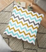 Mavi Gri Gold Zigzag Desenli Özel Tasarımlı Yer Minderi - 70 x 70 cm Realhomes