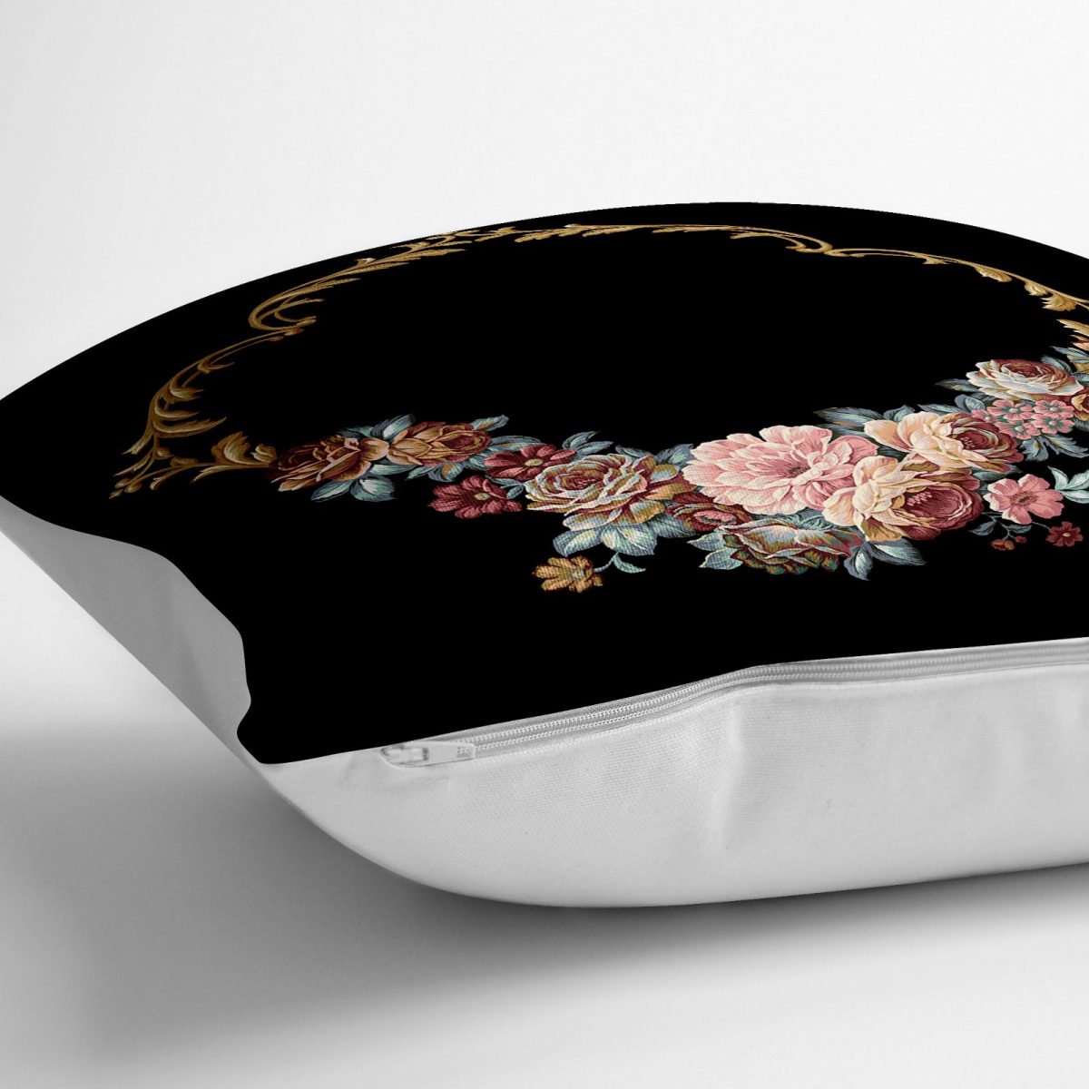 Siyah Zeminde Otantik Çiçekler Özel Tasarım Yer Minderi - 70 x 70 cm Realhomes