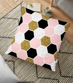 - yerminderi-YER-3247 - Realhomes  Geometrik Petek Desenli Altın Detaylı Modern Yer Minderi - 70 x 70 cm Realhomes