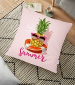 - yerminderi-YER-3263 - Realhomes  Pembe Zeminli Summer Ananas Desenli Yer Minderi - 70 x 70 cm Realhomes