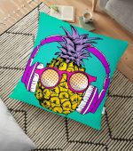 - yerminderi-YER-3273 - Realhomes Mavi Zeminde Ananas Desenli Dijital Baskılı Yer Minderi - 70 x 70 cm Realhomes