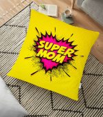 - yerminderi-YER-3276 - Realhomes  Sarı Zeminli Super Mom Tasarımlı Dijital Baskılı Dekoratif Yer Minderi - 70 x 70 cm Realhomes