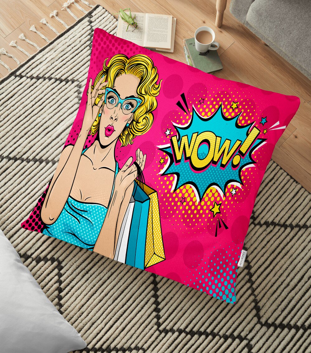 - yerminderi-YER-3278 - Realhomes  Pempe Pop Art Wow Tasarımlı Dekoratif Yer Minderi - 70 x 70 cm Realhomes