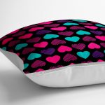 - yerminderi-YER-3279-1 - Realhomes  Siyah Zeminde Kalpler Özel Tasarımlı Dekoratif Yer Minderi - 70 x 70 cm Realhomes