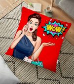 - yerminderi-YER-3281 - Realhomes Kırmızı Zeminli Popart Wow Desenli Modern Yer Minderi - 70 x 70 cm Realhomes