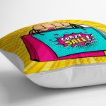 - yerminderi-YER-3283-1 - Realhomes  Sarı Zeminli Crazy Alışveriş Desenli Dijital Baskılı Dekoratif Yer Minderi - 70 x 70 cm Realhomes