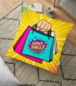 - yerminderi-YER-3283 - Realhomes  Sarı Zeminli Crazy Alışveriş Desenli Dijital Baskılı Dekoratif Yer Minderi - 70 x 70 cm Realhomes