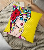 - yerminderi-YER-3292 - Realhomes Sarı Zeminli Summer Popart Tasarımlı Dekoratif Yer Minderi - 70 x 70 cm Realhomes