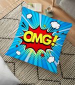 - yerminderi-YER-3294 - Realhomes  Mavi Zeminli OMG Desenli Dijital Baskılı Dekoratif Yer Minderi - 70 x 70 cm Realhomes