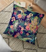 - yerminderi-YER-3308 - Realhomes Lacivert Zeminli Amazon Ormanları Temalı Modern Yer Minderi - 70 x 70 cm Realhomes