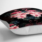 - yerminderi-YER-3314-1 - Realhomes  Siyah Zeminde Lilyum ve Flamingo Özel Tasarım Yer Minderi - 70 x 70 cm Realhomes