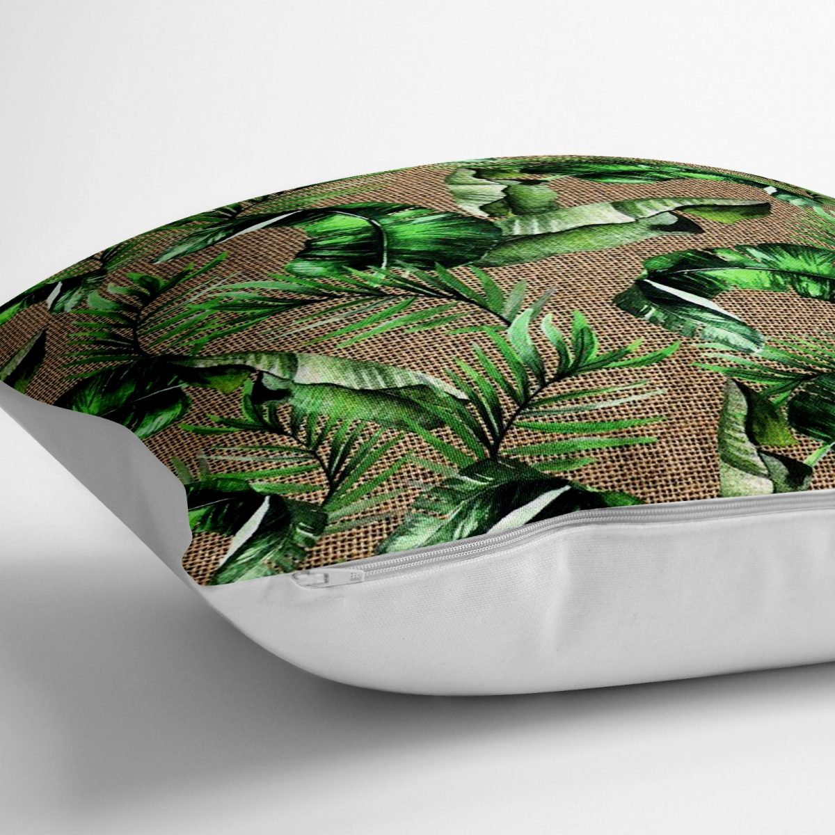 Çuval Zeminde Yeşil Yaprak Desenli Özel Tasarım Yer Minderi - 70 x 70 cm Realhomes