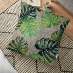 Çuval Zeminde Yeşil Yaprak Desenli Özel Tasarım Yer Minderi - 70 x 70 cm Realhomes