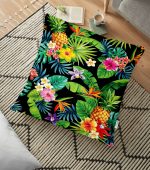 Siyah Zeminli Geometrik Yapraklar Desenli Yer Minderi - 70 x 70 cm Realhomes