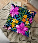 - yerminderi-YER-3365 - Realhomes  Mavi Zeminli Geometrik Çiçekler Modern Tasarımlı Yer Minderi - 70 x 70 cm Realhomes