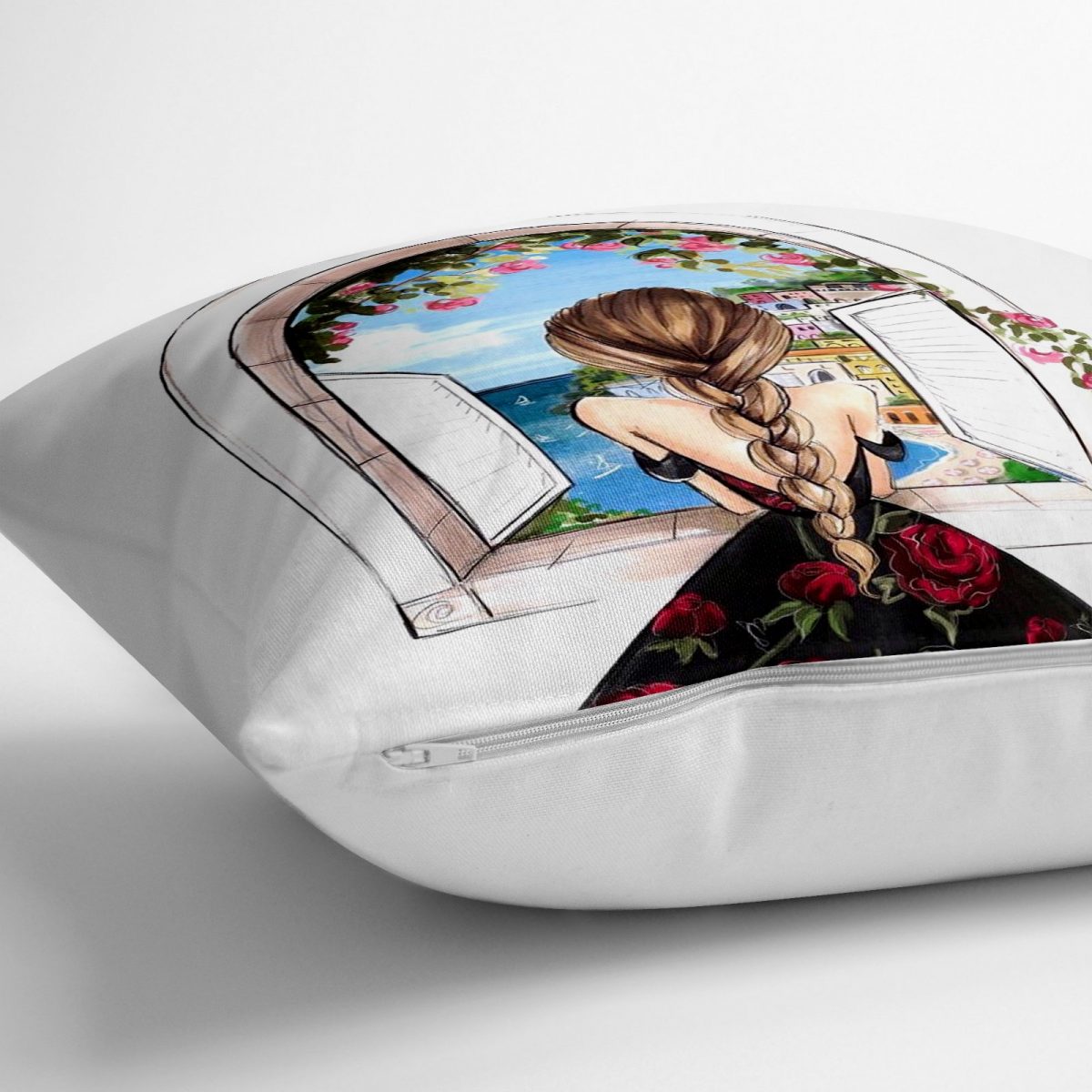 Mutluluk Manzarası Suluboya Çizimli Özel Tasarım Dekoratif Yer Minderi - 70 x 70 cm Realhomes