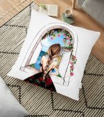 - yerminderi-YER-3383 - Realhomes Mutluluk Manzarası Suluboya Çizimli Özel Tasarım Dekoratif Yer Minderi - 70 x 70 cm Realhomes