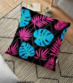 - yerminderi-YER-3392 - Realhomes  Siyah Zeminde Pempe Mavi Zambak Desenli Modern Yer Minderi - 70 x 70 cm Realhomes