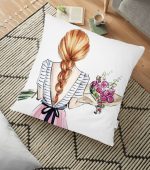 Çiçekli Kız Çizimli Modern Dekoratif Yer Minderi - 70 x 70 cm Realhomes