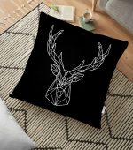 Siyah Zeminli Geometrik Geyik Çizimli Modern Yer Minderi - 70 x 70 cm Realhomes