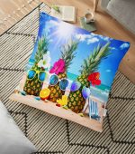 - yerminderi-YER-3417 - Realhomes Sahil ve Ananaslar Tasarımlı Dijital Baskılı Dekoratif Yer Minderi - 70 x 70 cm Realhomes