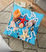 - yerminderi-YER-3432 - Realhomes Mavi Zeminde Deniz Yıldızları Tasarımlı Dijital Baskılı Yer Minderi - 70 x 70 cm Realhomes