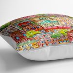 - yerminderi-YER-3433-1 - Realhomes  Suluboya Çizimli Renkli Evler Tasarımlı Dijital Baskılı Yer Minderi - 70 x 70 cm Realhomes