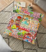 - yerminderi-YER-3433 - Realhomes  Suluboya Çizimli Renkli Evler Tasarımlı Dijital Baskılı Yer Minderi - 70 x 70 cm Realhomes