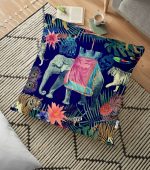 - yerminderi-YER-3441 - Realhomes  Siyah Zeminde African Fil Tasarımlı Dijital Baskılı Yer Minderi - 70 x 70 cm Realhomes