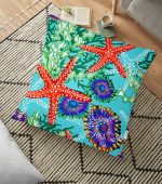 - yerminderi-YER-3442 - Realhomes Turkuaz Zeminde Deniz Yıldızları Tasarımlı Dijital Baskılı Yer Minderi - 70 x 70 cm Realhomes