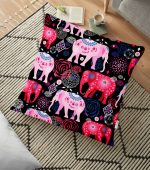 - yerminderi-YER-3449 - Realhomes Siyah Zeminli Pembe Filler Zeminli Dekoratif Yer Minderi - 70 x 70 cm Realhomes